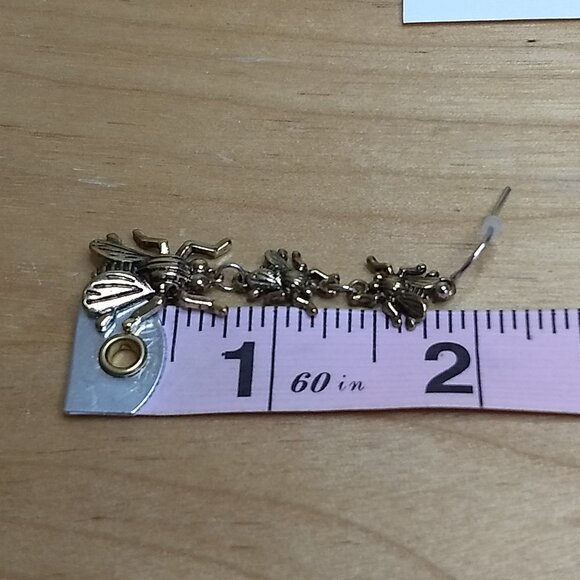 Fly Charm Earrings Gold Tone Dangle Three Flies Novelty Nature Statement Insect - Picture 4 of 4